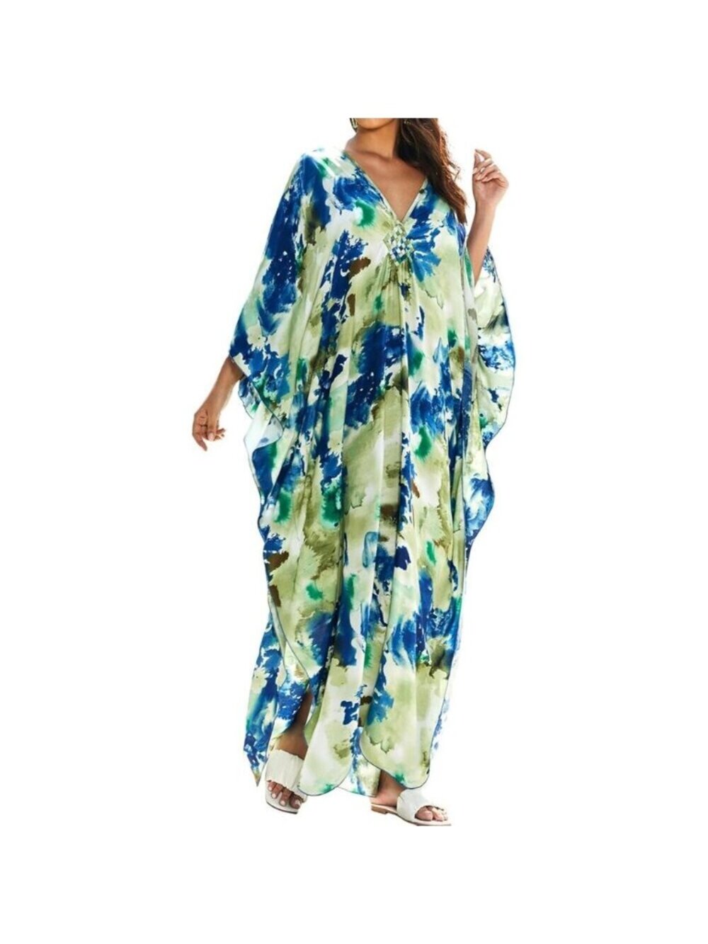 Women's Green & Blue V-neck Batwing Sleeve Flowy Split Hem Bohemian Kaftan Dress